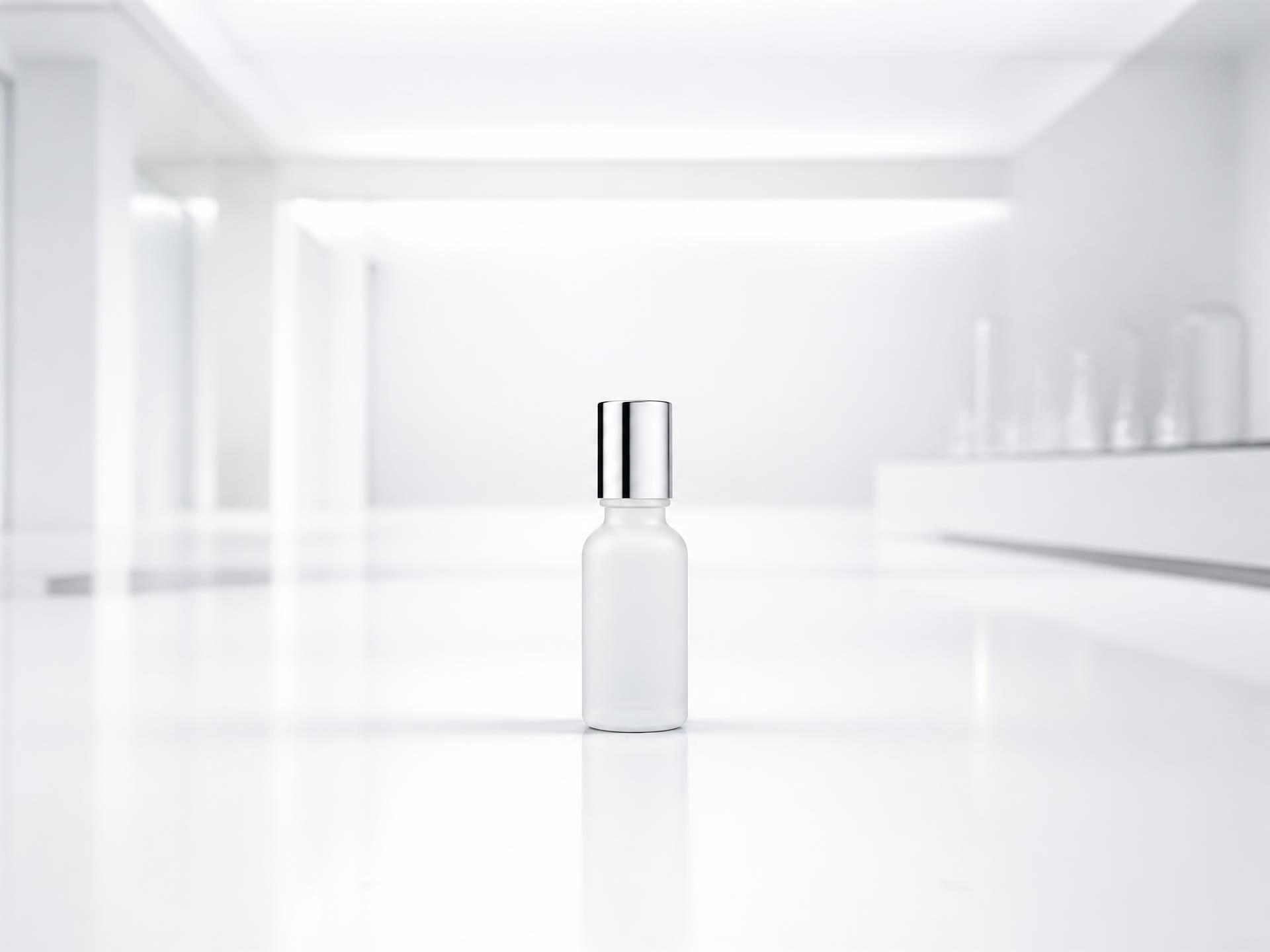 A frosted glass Alstroemeria Pharma serum bottle in a white laboratory